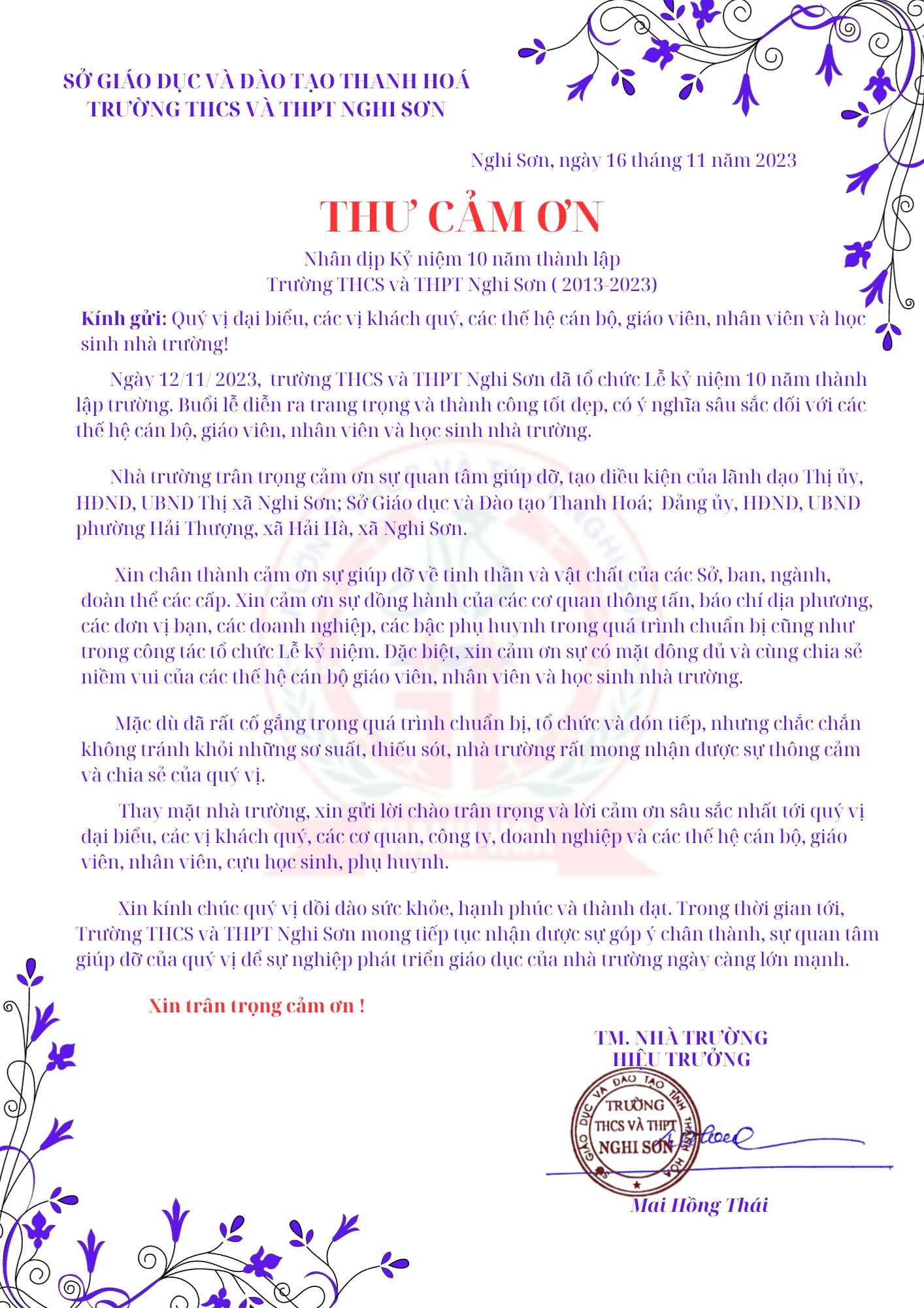 THƯ CẢM ƠN